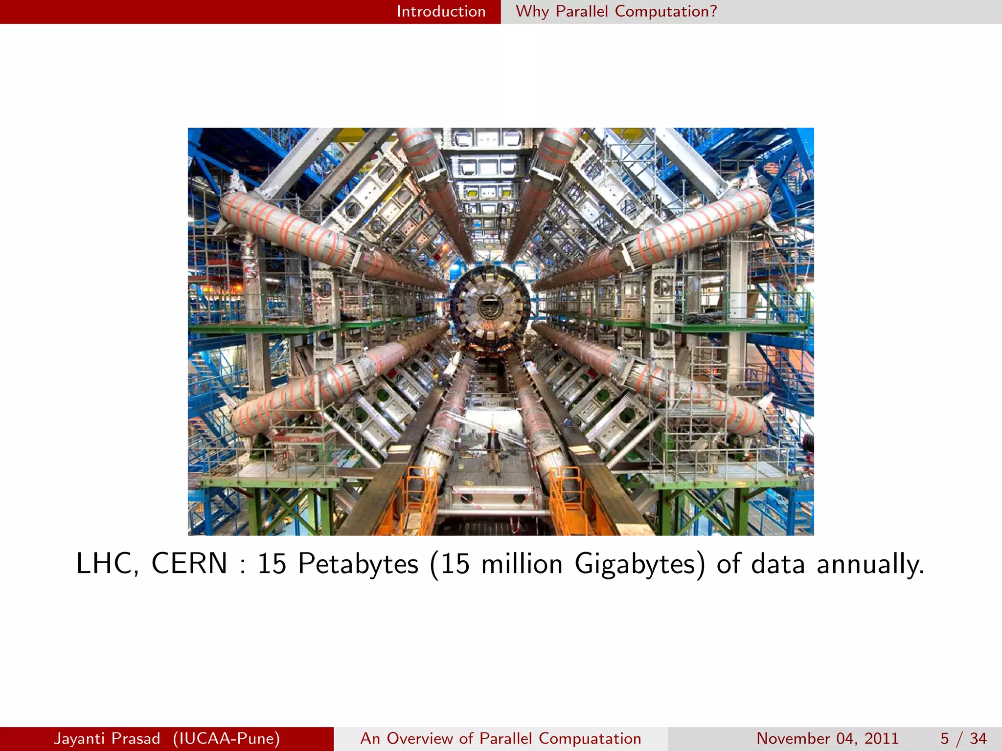 Introduction Why Parallel Computation?
LHC, CERN : 15 Petabytes (15 million Gigabytes) of data annually.
Jayanti Prasad (IUCAA-Pune) An Overview of Parallel Compuatation November 04, 2011 5 / 34
 