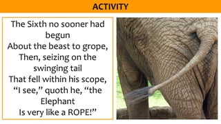 The Sixth no sooner had
begun
About the beast to grope,
Then, seizing on the
swinging tail
That fell within his scope,
“I see,” quoth he, “the
Elephant
Is very like a ROPE!”
 