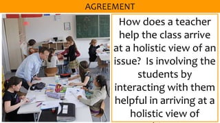 How does a teacher
help the class arrive
at a holistic view of an
issue? Is involving the
students by
interacting with them
helpful in arriving at a
holistic view of
 