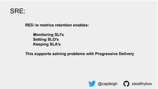RED /w metrics retention enables:
Monitoring SLI's
Setting SLO's
Keeping SLA's
This supports solving problems with Progressive Delivery
@capileigh stealthybox
SRE:
 