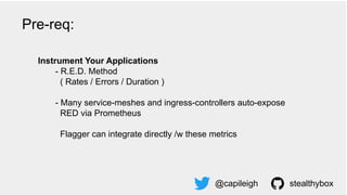 Instrument Your Applications
- R.E.D. Method
( Rates / Errors / Duration )
- Many service-meshes and ingress-controllers auto-expose
RED via Prometheus
Flagger can integrate directly /w these metrics
@capileigh stealthybox
Pre-req:
 
