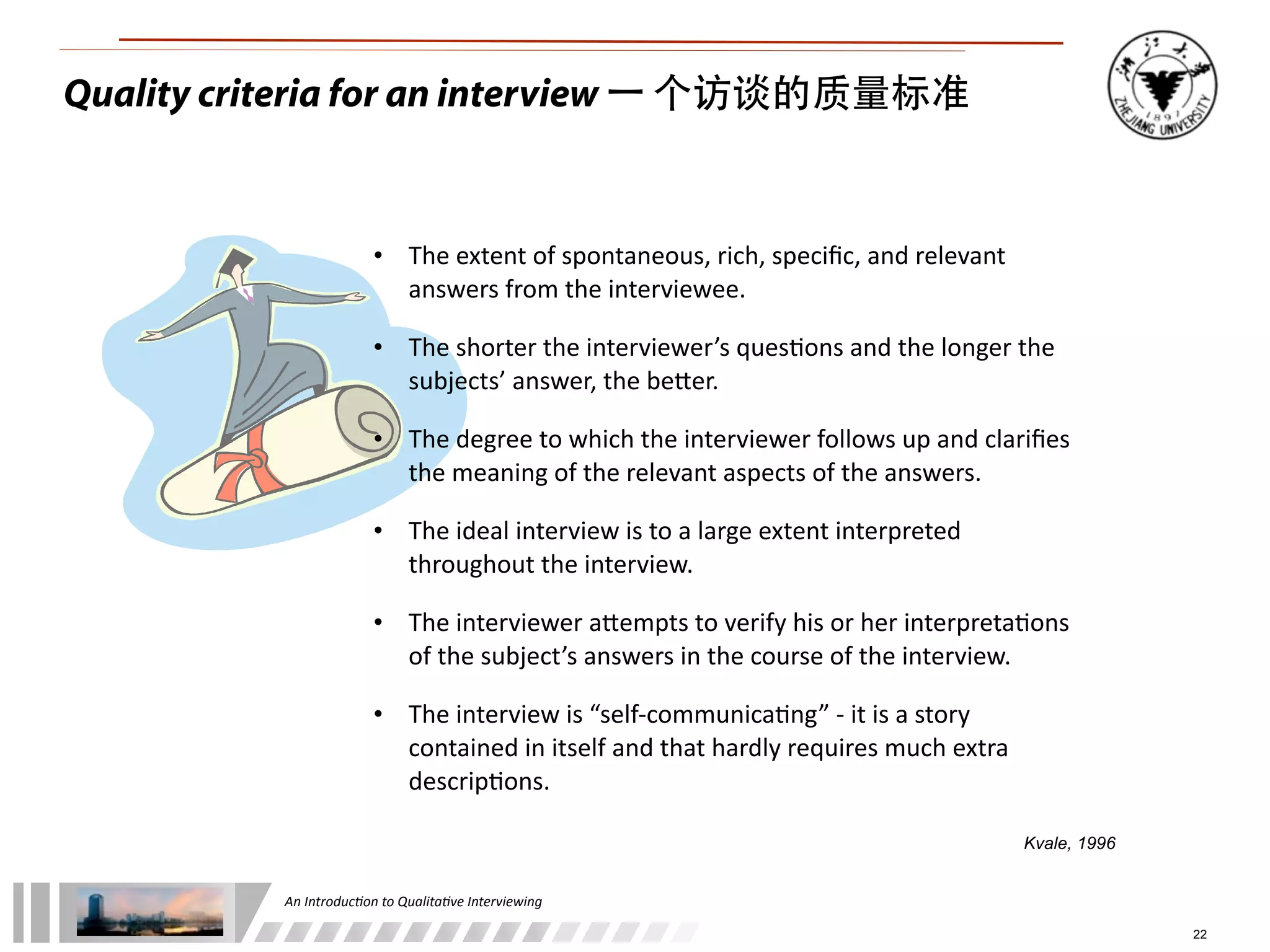 An	
  Introduc+on	
  to	
  Qualita+ve	
  Interviewing
22
Quality criteria for an interview 一 个访谈的质量标准
• The	
  extent	
  of	
  spontaneous,	
  rich,	
  speciﬁc,	
  and	
  relevant	
  
answers	
  from	
  the	
  interviewee.
• The	
  shorter	
  the	
  interviewer’s	
  ques4ons	
  and	
  the	
  longer	
  the	
  
subjects’	
  answer,	
  the	
  beIer.
• The	
  degree	
  to	
  which	
  the	
  interviewer	
  follows	
  up	
  and	
  clariﬁes	
  
the	
  meaning	
  of	
  the	
  relevant	
  aspects	
  of	
  the	
  answers.
• The	
  ideal	
  interview	
  is	
  to	
  a	
  large	
  extent	
  interpreted	
  
throughout	
  the	
  interview.
• The	
  interviewer	
  aIempts	
  to	
  verify	
  his	
  or	
  her	
  interpreta4ons	
  
of	
  the	
  subject’s	
  answers	
  in	
  the	
  course	
  of	
  the	
  interview.
• The	
  interview	
  is	
  “self-­‐communica4ng”	
  -­‐	
  it	
  is	
  a	
  story	
  
contained	
  in	
  itself	
  and	
  that	
  hardly	
  requires	
  much	
  extra	
  
descrip4ons.
Kvale, 1996
 