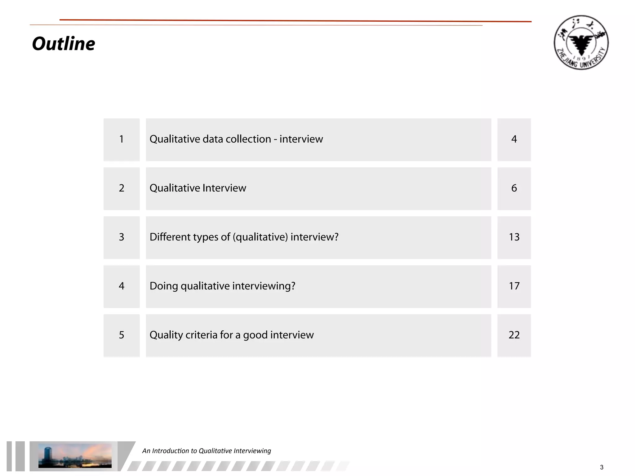 An	
  Introduc+on	
  to	
  Qualita+ve	
  Interviewing
Outline
1 Qualitative data collection - interview 4
2 Qualitative Interview 6
3 Different types of (qualitative) interview? 13
4 Doing qualitative interviewing? 17
5 Quality criteria for a good interview 22
3
 
