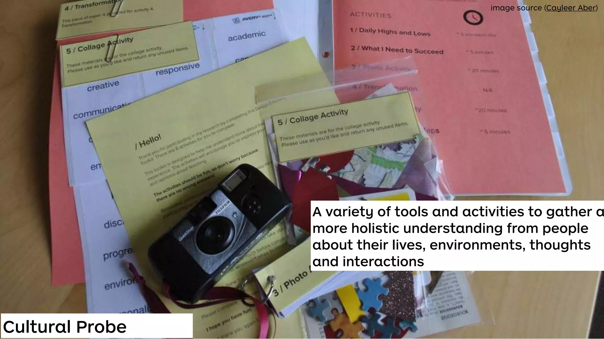 Cultural Probe
A variety of tools and activities to gather a
more holistic understanding from people
about their lives, environments, thoughts
and interactions
image source (Cayleer Aber)
 