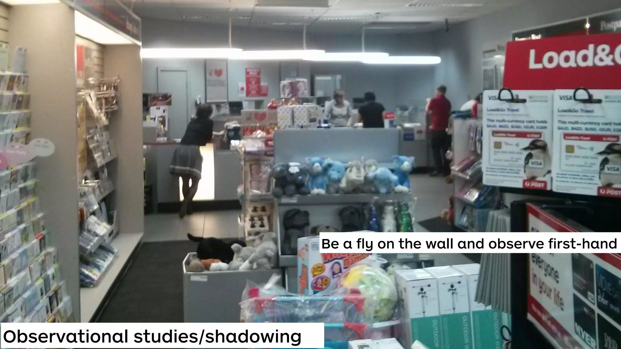 Observational studies/shadowing
Be a ﬂy on the wall and observe ﬁrst-hand
 