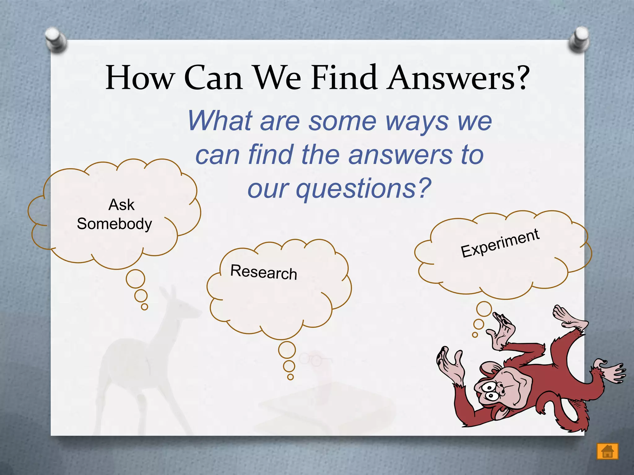 How Can We Find Answers?
           What are some ways we
           can find the answers to
   Ask
               our questions?
Somebody
 