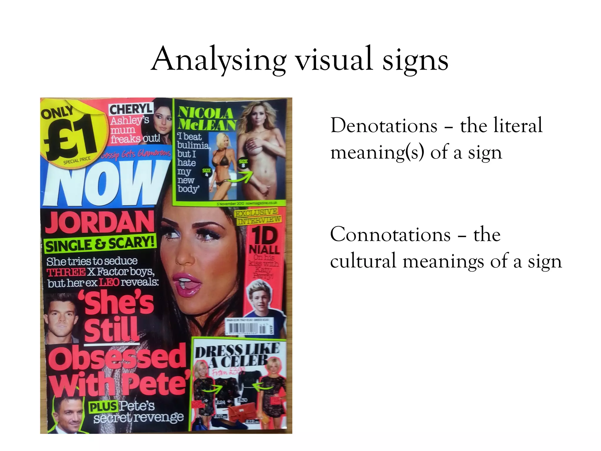 Analysing visual signs
Denotations – the literal
meaning(s) of a sign

Connotations – the
cultural meanings of a sign

 