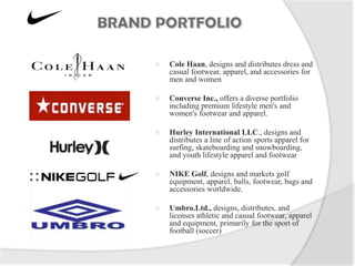    Cole Haan, designs and distributes dress and
    casual footwear, apparel, and accessories for
    men and women

   Converse Inc., offers a diverse portfolio
    including premium lifestyle men's and
    women's footwear and apparel.

   Hurley International LLC., designs and
    distributes a line of action sports apparel for
    surfing, skateboarding and snowboarding,
    and youth lifestyle apparel and footwear

   NIKE Golf, designs and markets golf
    equipment, apparel, balls, footwear, bags and
    accessories worldwide.

   Umbro.Ltd., designs, distributes, and
    licenses athletic and casual footwear, apparel
    and equipment, primarily for the sport of
    football (soccer)
 