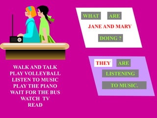 WALK AND TALK
PLAY VOLLEYBALL
LISTEN TO MUSIC
PLAY THE PIANO
WAIT FOR THE BUS
WATCH TV
READ
JANE AND MARY
WHAT ARE
DOING ?
THEY ARE
LISTENING
TO MUSIC.
 