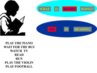 PLAY THE PIANO
WAIT FOR THE BUS
WATCH TV
READ
RUN
PLAY THE VIOLIN
PLAY FOOTBALL
MANDY
WHAT IS DOING?
SHE IS READING.
 