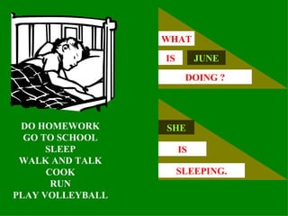 WHAT

                  IS        JUNE

                        DOING ?




 DO HOMEWORK      SHE
  GO TO SCHOOL
      SLEEP            IS
 WALK AND TALK
      COOK             SLEEPING.
       RUN
PLAY VOLLEYBALL
 