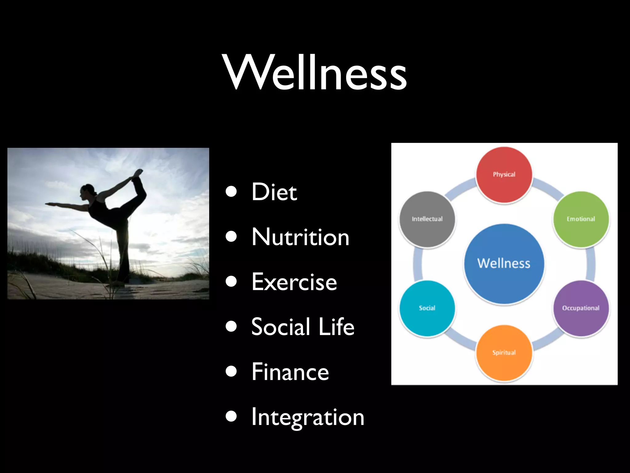 Wellness

• Diet
• Nutrition
• Exercise
• Social Life
• Finance
• Integration
 