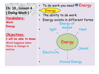 Ch. 10 , Lesson 4
( Doing Work )
• To do work you need Energy
•
• The ability to do work.
• Energy exists in different forms
• light Heat
• Sound
Electricity
• Stored Energy
Vocabulary:
Work
Energy
Objectives:
I will be able to know:
Work happens when
there is change in
motion
6
Energy
Energy
Energy of
motion
 