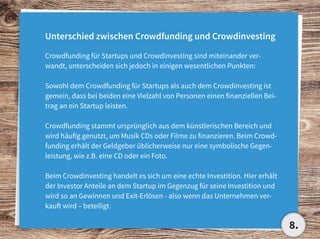 Crowdinvesting
Unterschied zwischen Crowdfunding und Crowdinvesting
Crowdfunding für Startups und Crowdinvesting sind miteinander ver-
wandt, unterscheiden sich jedoch in einigen wesentlichen Punkten:
Sowohl dem Crowdfunding für Startups als auch dem Crowdinvesting ist
gemein, dass bei beiden eine Vielzahl von Personen einen finanziellen Bei-
trag an ein Startup leisten.
Crowdfunding stammt ursprünglich aus dem künstlerischen Bereich und
wird häufig genutzt, um Musik CDs oder Filme zu finanzieren. Beim Crowd-
funding erhält der Geldgeber üblicherweise nur eine symbolische Gegen-
leistung, wie z.B. eine CD oder ein Foto.
Beim Crowdinvesting handelt es sich um eine echte Investition. Hier erhält
der Investor Anteile an dem Startup im Gegenzug für seine Investition und
wird so an Gewinnen und Exit-Erlösen - also wenn das Unternehmen ver-
kauft wird – beteiligt.
8.
 