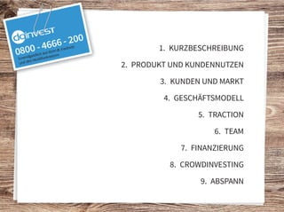 1.	 KURZBESCHREIBUNG
2.	 PRODUKT UND KUNDENNUTZEN
3.	 KUNDEN UND MARKT
4.	 GESCHÄFTSMODELL
5.	 TRACTION
6.	 TEAM
7.	 FINANZIERUNG
8.	 CROWDINVESTING
9.	 ABSPANN
 