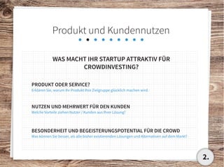 Produkt und Kundennutzen
WAS MACHT IHR STARTUP ATTRAKTIV FÜR
CROWDINVESTING?
PRODUKT ODER SERVICE?
Erklären Sie, warum Ihr Produkt Ihre Zielgruppe glücklich machen wird.
NUTZEN UND MEHRWERT FÜR DEN KUNDEN
Welche Vorteile ziehen Nutzer / Kunden aus Ihrer Lösung?
BESONDERHEIT UND BEGEISTERUNGSPOTENTIAL FÜR DIE CROWD
Was können Sie besser, als alle bisher existierenden Lösungen und Alternativen auf dem Markt?
2.
 