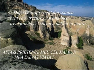 Dupa ce si-a revenit din spaima  prin care trecuse,cu mana inca tremuranda,cel salvat a daltuit in piatra: ASTAZI PRIETENUL MEU CEL MAI BUN  MI-A SALVAT VIATA ! 