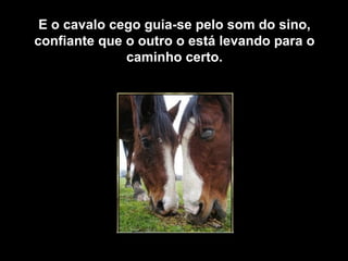 E o cavalo cego guia-se pelo som do sino, confiante que o outro o está levando para o caminho certo. 
