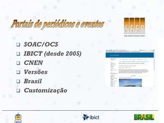 Portais de periódicos e eventosSOAC/OCSIBICT (desde 2005)CNENVersõesBrasilCustomização