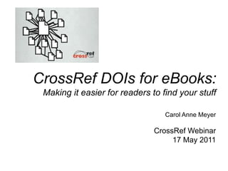 CrossRef DOIs for eBooks: Making it easier for readers to find your stuff Carol Anne Meyer CrossRef Webinar 17 May 2011 