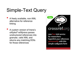 XML depositSample XML is available:Monograph:http://www.crossref.org/schema/info/samples/4.3.0_samples/monograph430.xmlSeries:http://www.crossref.org/schema/info/samples/4.3.0_samples/book_series430.xml