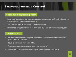 Загрузка данных в Crossref
• Загрузка выполняется прямым вводом данных на веб-сайте Crossref,
к интерфейсу нужно привыкнуть
• Трудно загружать большие объемы данных
• Наиболее предпочтительный путь для ручных единичных загрузок
16
Через XML
• Загрузка выполняется путем отправки заранее сформированного
файла XML в Crossref
• Трудно вручную готовить XML
• Возможна автоматическая загрузка через API
• Наиболее предпочтительный путь для массовых загрузок
Через Web Depositing Form
 