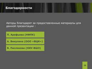 Благодарности
Авторы благодарят за предоставленные материалы для
данной презентации :
25
П. Арефьева (НФПК)
А. Викулина (ООО «ВЦИ»)
В. Пислякова (НИУ-ВШЭ)
 