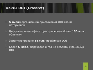 Факты DOI (Crossref)
• 5 тысяч организаций присваивают DOI своим
материалам
• Цифровые идентификаторы присвоены более 130 млн.
объектам
• Зарегистрировано 18 тыс. префиксов DOI
• Более 5 млрд. переходов в год на объекты с помощью
DOI
5
 