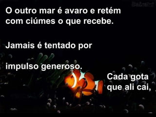 O outro mar é avaro e retém com ciúmes o que recebe. Jamais é tentado por  impulso generoso. Cada gota que ali cai,  é gota que ali fica. 