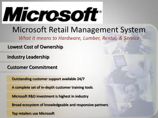 Outstanding customer support available 24/7 A complete set of in-depth customer training tools Microsoft R&D investment is highest in industry Top retailers use Microsoft Broad ecosystem of knowledgeable and responsive partners  Microsoft Retail Management SystemWhat it means to Hardware, Lumber, Rental, & Service Lowest Cost of Ownership Industry Leadership Customer Commitment 