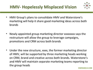 HMV- Hopelessly Misplaced Vision

• HMV Group’s plans to consolidate HMV and Waterstone’s
  marketing will help it share good marketing ideas across both
  brands

• Newly appointed group marketing director xxxxxxxx says the
  restructure will allow the group to leverage campaigns,
  promotions and CRM across both brands

• Under the new structure, xxxx, the former marketing director
  of HMV, will be supported by three marketing heads working
  on CRM, brand and creative across both brands. Waterstone’s
  and HMV will maintain separate marketing teams reporting to
  the group heads
                                                        ENERGISE2-0.COM
 
