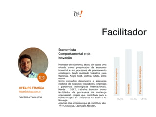 DIRETOR-CONSULTOR
@FELIPE FRANÇA
felipe@doitup.com.br
Facilitador
Economista  
Comportamental e da  
Inovação
Professor de economia, atuou por quase uma
década como pesquisador de economia
industrial e em processos de planejamento
estratégico, tendo realizado trabalhos para
Usiminas, Anglo Gold, CETEC, MDIC, entre
outros
Como consultor, desenvolve e assessora
modelos de negócios inovadores, empresas
e parcerias tecnológicas internacionais.
Desde 2012, trabalha também como
facilitador de processos de mudança
empresarial, projeto que contribuiu para a
transformação de empresas no Brasil e na
Noruega.
Algumas das empresas que já contribuiu são: 
TVIT OneCloud, Learncafe, NowOn,
92% 100% 98%
ModelagemdeNegócio
Inovação
PlanejamentoEstratégico
 