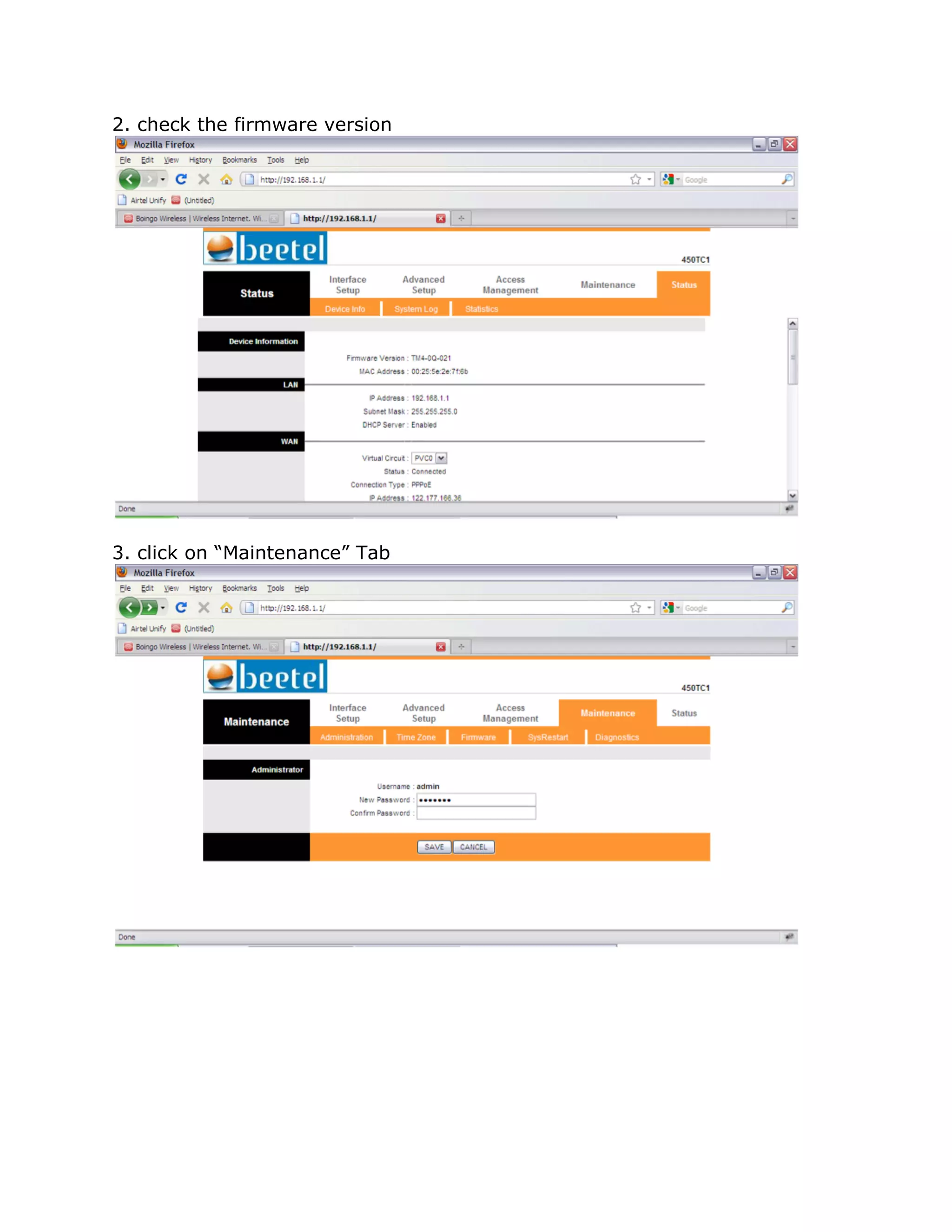 2. check the firmware version




3. click on “Maintenance” Tab
 