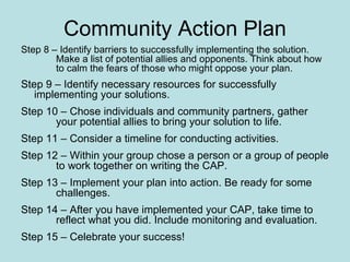Community Action Plan Step 8 – Identify barriers to successfully implementing the solution.  Make a list of potential allies and opponents. Think about how  to calm the fears of those who might oppose your plan. Step 9 – Identify necessary resources for successfully  implementing your solutions. Step 10 – Chose individuals and community partners, gather  your potential allies to bring your solution to life.  Step 11 – Consider a timeline for conducting activities. Step 12 – Within your group chose a person or a group of people  to work together on writing the CAP. Step 13 – Implement your plan into action. Be ready for some  challenges. Step 14 – After you have implemented your CAP, take time to  reflect what you did. Include monitoring and evaluation. Step 15 – Celebrate your success!  