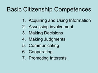 Basic Citizenship Competences Acquiring and Using Information Assessing involvement Making Decisions Making Judgments Communicating Cooperating Promoting Interests 