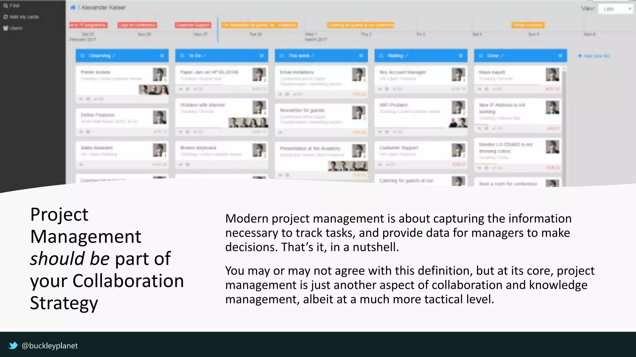 Project
Management
should be part of
your Collaboration
Strategy
Modern project management is about capturing the information
necessary to track tasks, and provide data for managers to make
decisions. That’s it, in a nutshell.
You may or may not agree with this definition, but at its core, project
management is just another aspect of collaboration and knowledge
management, albeit at a much more tactical level.
@buckleyplanet
 
