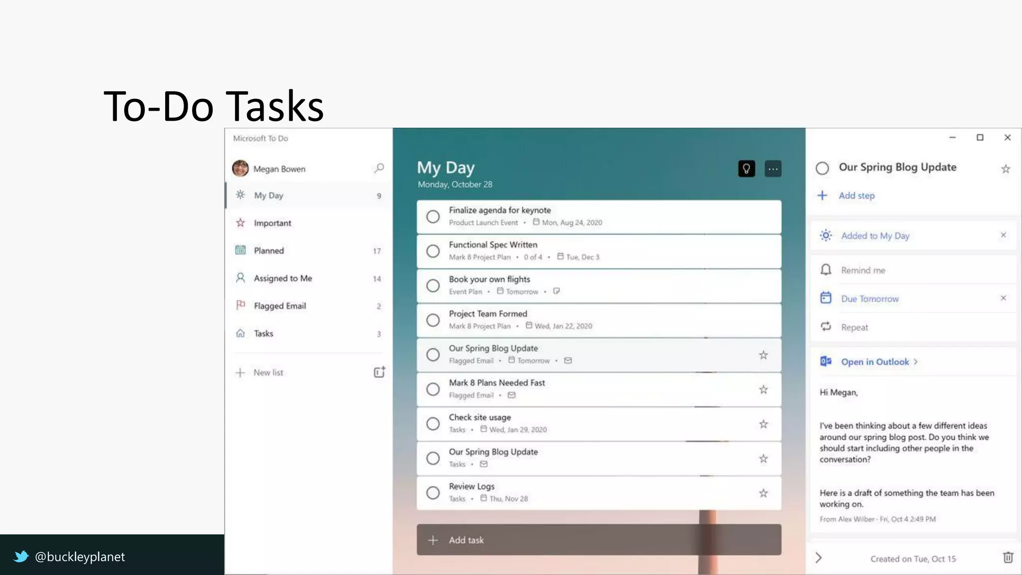 To-Do Tasks
@buckleyplanet
 