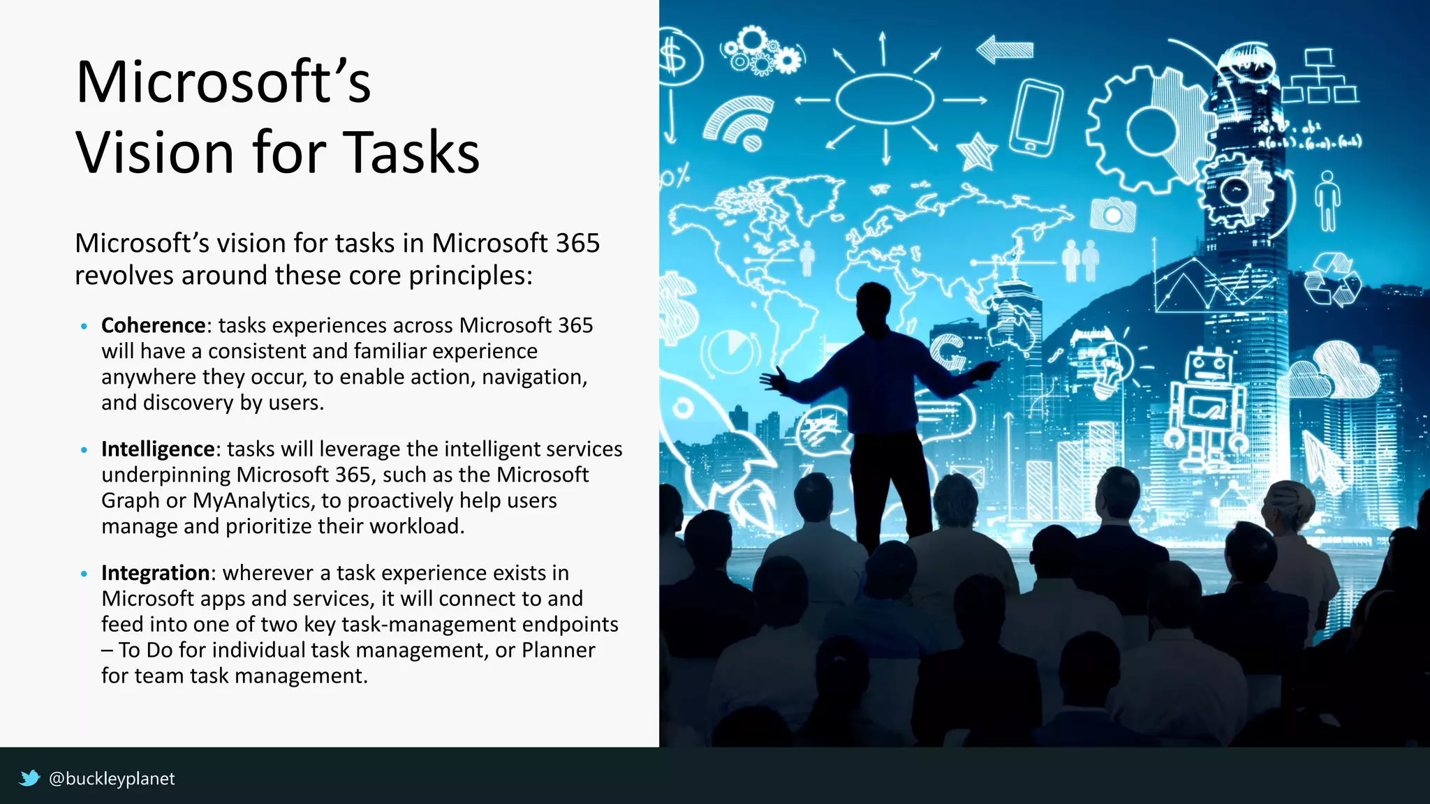 Microsoft’s
Vision for Tasks
Microsoft’s vision for tasks in Microsoft 365
revolves around these core principles:
• Coherence: ​tasks experiences across Microsoft 365
will have a consistent and familiar experience
anywhere they occur, to enable action, navigation,
and discovery by users.
• Intelligence: tasks will leverage the intelligent services
underpinning Microsoft 365, such as the Microsoft
Graph or MyAnalytics, to proactively help users
manage and prioritize their workload.
• Integration: wherever a task experience exists in
Microsoft apps and services, it will connect to and
feed into one of two key task-management endpoints
– To Do for individual task management, or Planner
for team task management.
@buckleyplanet
 