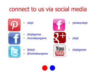 connect to us via social media

     • /dojit          • /photos/dojit



     • /dojitgames
     • /homebeargame   • /dojit



     • @dojit          • /dojitgames
     • @homebeargame
 