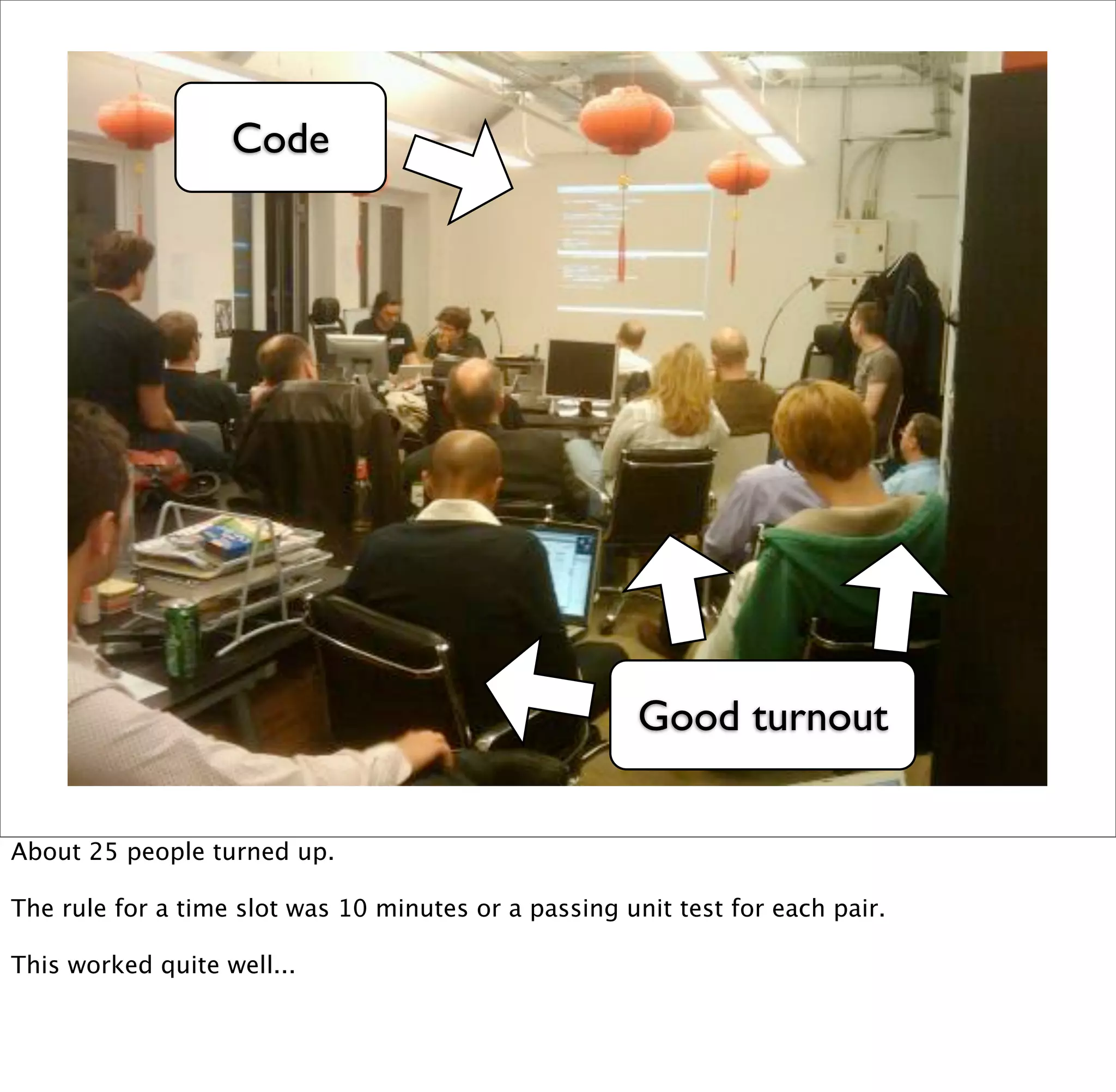 Code




                                                       Good turnout

About 25 people turned up.

The rule for a time slot was 10 minutes or a passing unit test for each pair.

This worked quite well...
 