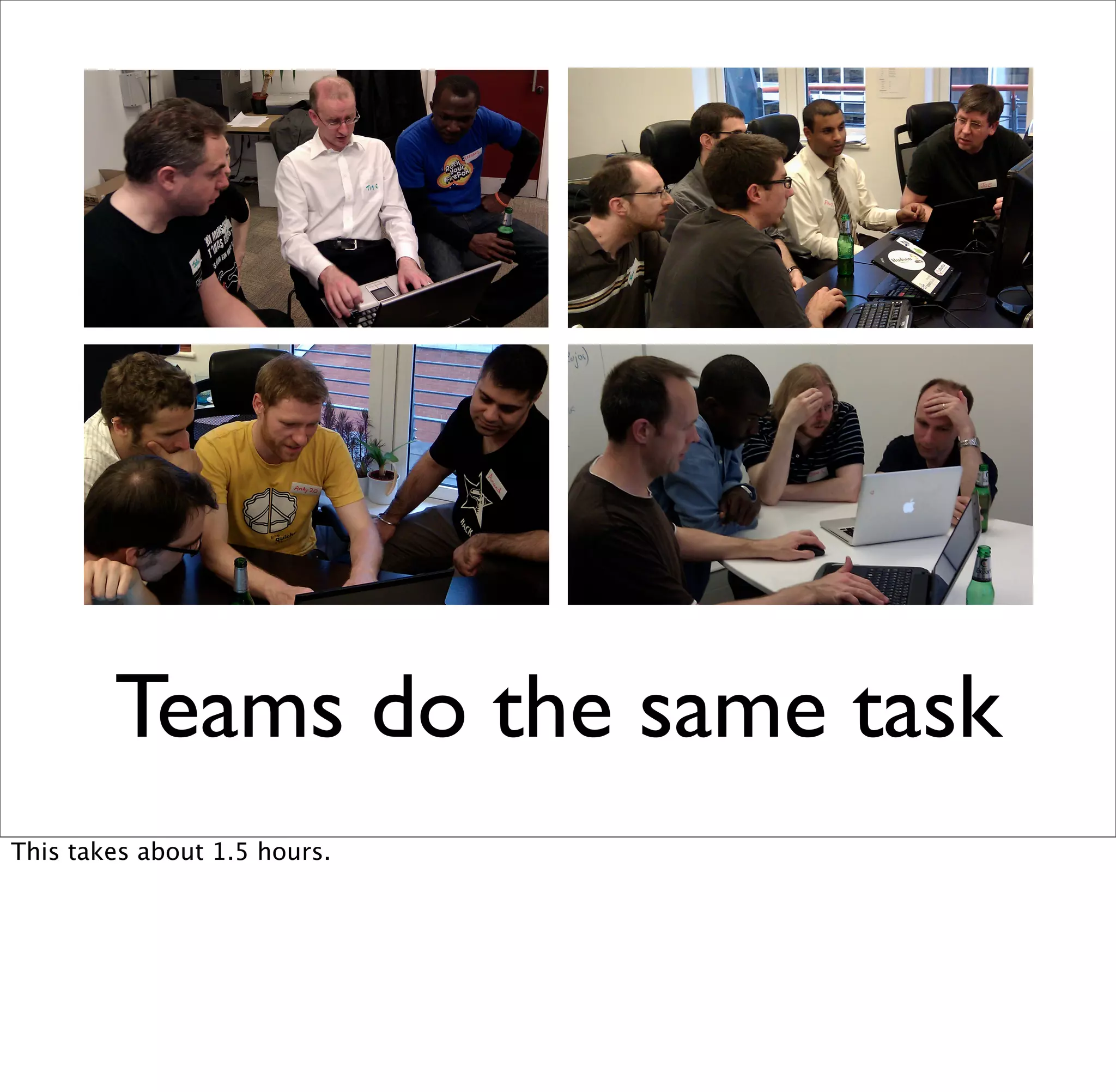 Teams do the same task
This takes about 1.5 hours.
 