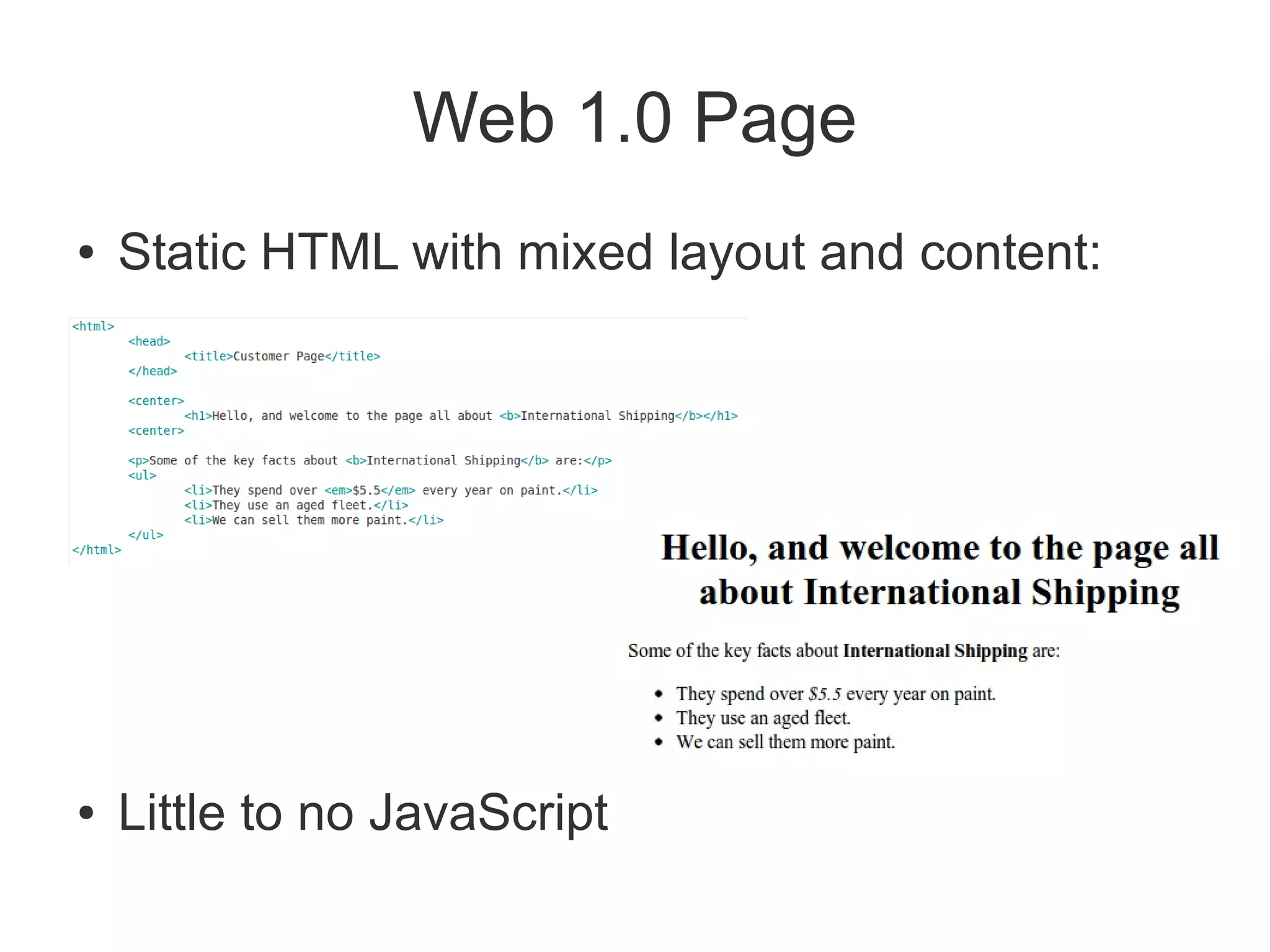 Web 1.0 Page
●   Static HTML with mixed layout and content:




●   Little to no JavaScript
 