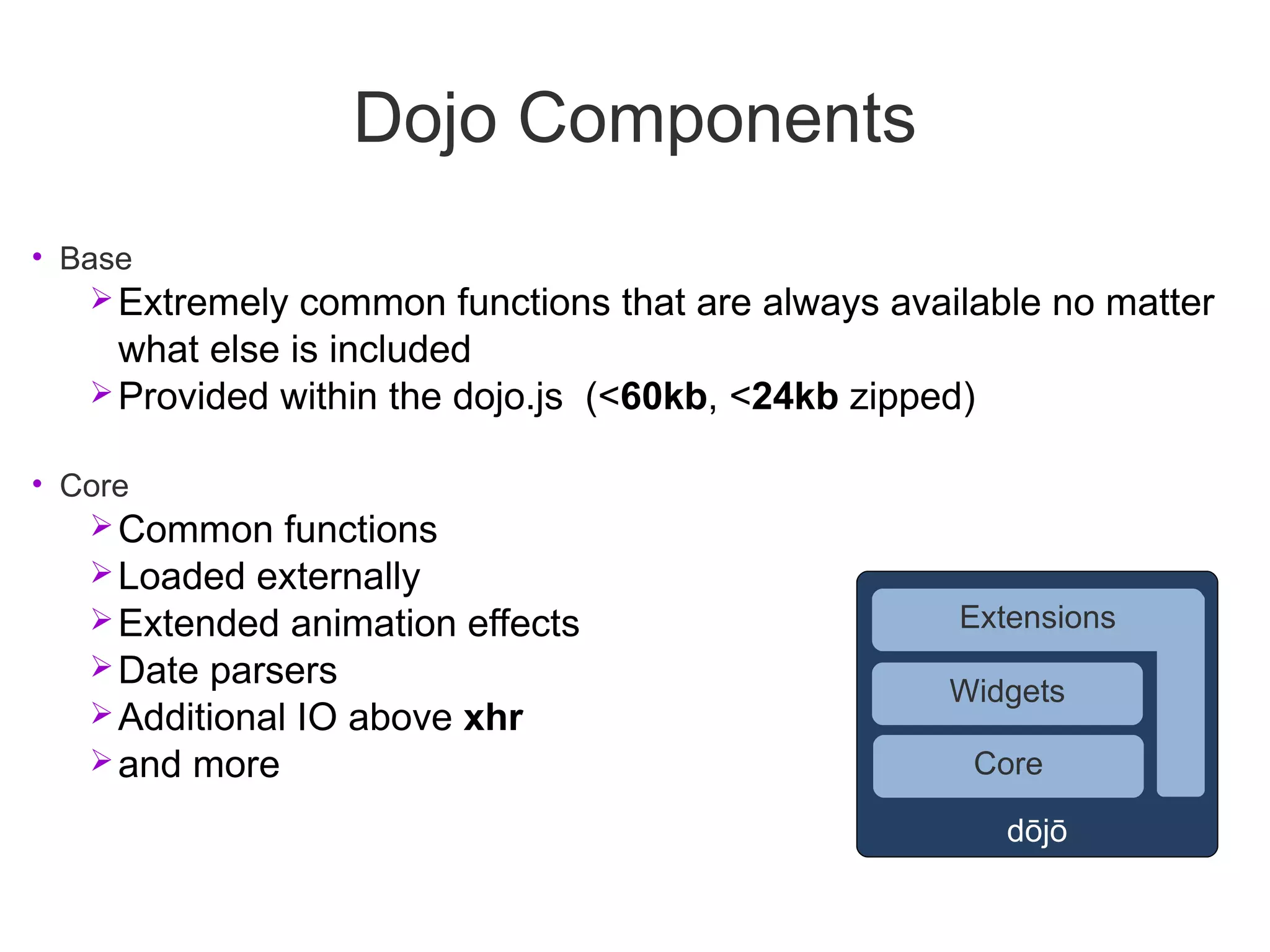 Dojo Components
• Base
    Extremely common functions that are always available no matter
     what else is included
    Provided within the dojo.js (<60kb, <24kb zipped)

• Core
    Common functions
    Loaded externally
    Extended animation effects                      Extensions
    Date parsers
                                                    Widgets
    Additional IO above xhr
    and more                                        Core

                                                         dōjō
 