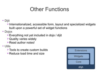 Other Functions
• Dijit
    Internationalized, accessible form, layout and specialized widgets
       built upon a powerful set of widget functions
• Dojox
    Everything not yet included in dojo / dijit
    Quality varies widely
    Read author notes!
• Utils
    Tools to create custom builds                     Extensions
    Reduce load time and size
                                                      Widgets

                                                       Core

                                                         dōjō
 
