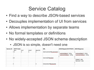 Service Catalog
●   Find a way to describe JSON-based services
●   Decouples implementation of UI from services
●   Allows implementation by separate teams
●   No formal templates or definitions
●   No widely-accepted JSON schema description
    ●   JSON is so simple, doesn't need one
 