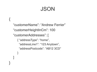 JSON
{
    “customerName”: “Andrew Ferrier”
    “customerHeightInCm”: 100
    “customerAddresses”: [
        { “addressType”: “home”,
          “addressLine1”: “123 Anytown”,
          “addressPostcode”: “AB12 3CD”
        }
    ]
}
 
