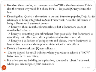  Based on these results, we can conclude that YUI is the slowest one. This is
     also the reason why we didn’t chose for YUI. Dojo and JQuery scores the
     best.
    Knowing that JQuery is the easiest to use and immense popular, Dojo has its
     advantage of being integrated in Zend Framework. Also, the difference in
     being a library or framework counts.
     - A library is about reusable functionalities, but a framework is about
     reusable behaviours
     - A library is something you call/inherit from your code, but framework is
     something that calls your code or provide services for your code
     - A library is a collection of components and classes, where framework is
     how abstract classes and components interact with each others
    Dojo is a framework and JQuery a library.
     JQuery is good for small websites where you want to achieve a ‘WOW’
     factor in relative short time.
    But when you are building an application, you need a robust framework
     where you can integrate your own codes.
21                                                                   5/19/2012
 