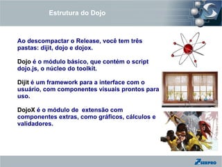 Estrutura do Dojo



Ao descompactar o Release, você tem três
pastas: dijit, dojo e dojox.

Dojo é o módulo básico, que contém o script
dojo.js, o núcleo do toolkit.

Dijit é um framework para a interface com o
usuário, com componentes visuais prontos para
uso.

DojoX é o módulo de extensão com
componentes extras, como gráficos, cálculos e
validadores.
 