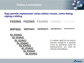 Efeitos e Animações


Dojo permite implementar vários efeitos visuais, como fading,
wiping e sliding.

    FADING FADING FADING FADING FADING

    WIPING WIPING            WIPING WIPING WIPING
    SLIDING
     SLIDING
       SLIDING                          O método slideTo() de dojo.fx
                                        permite configurar a posição
        SLIDING                         inicial do elemento antes do
          SLIDING                       deslocamento, por meio do
           SLIDING                      atributo beforeBegin.
             SLIDING
              SLIDING
 
