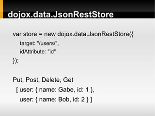 dojox.data.JsonRestStore

 var store = new dojox.data.JsonRestStore({
       target: "/users/",
       idAttribute: "id"
 });


 Put, Post, Delete, Get
  [ user: { name: Gabe, id: 1 },
       user: { name: Bob, id: 2 } ]
 